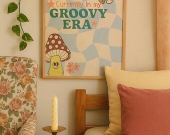 Groovy Era Retro Print | 70s Heart Mushroom Art (Instant Download)