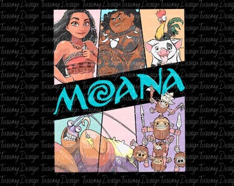 May include: A colorful collage featuring characters from the animated film Moana. The image includes Moana, Maui, Pua the pig, Hei Hei the rooster, and the Kakamora. The word "Moana" is written in a turquoise blue font with a swirl design.