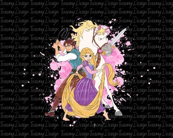 May include: A digital illustration of a princess with long blonde hair, a prince, and a white horse. The characters are standing in front of a pink and white watercolor background.