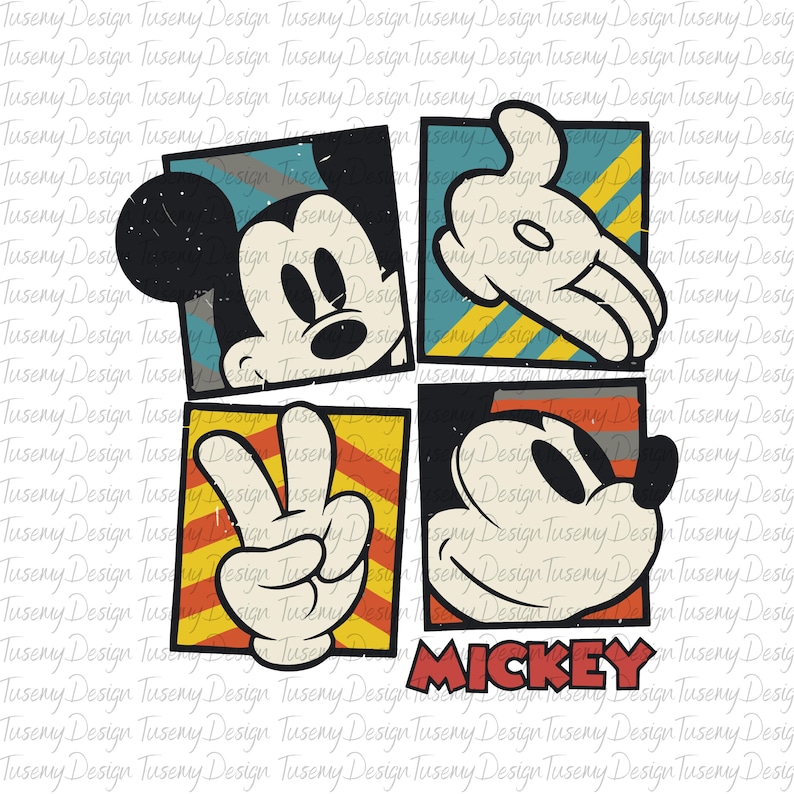 K&ouml;nnte beinhalten: Eine Vintage-Illustration von Mickey Mouse in vier verschiedenen Posen. Das Bild ist vor einem Hintergrund aus bunten geometrischen Formen und Streifen platziert. Das Wort "MICKEY" ist unten im Bild in Rot gedruckt.