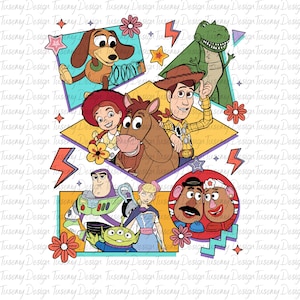 May include: A colourful collage featuring characters from the Toy Story franchise. The characters include Woody, Buzz Lightyear, Jessie, Bullseye, Rex, Mr. and Mrs. Potato Head, and Slinky Dog. The collage is set against a white background with geometric shapes and floral accents.