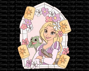 Pode incluir: Ilustração de uma princesa com longos cabelos loiros, vestida com um vestido roxo e segurando uma escova. A imagem inclui um camaleão verde, lanternas flutuantes e flores. O design é definido em uma moldura de janela.