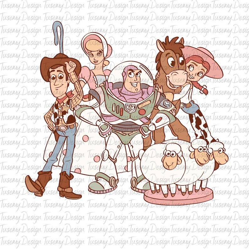 Może przedstawiać: Grupa kresk&oacute;wkowych postaci z serii film&oacute;w Toy Story. Woody, Buzz Astral, Jessie, Bullseye i owce stoją razem. Postacie są narysowane w stylu vintage z jasnobrązowym konturem.