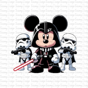 Könnte beinhalten: Eine Cartoon-Illustration mit Mickey Mouse als Darth Vader, der ein rotes Lichtschwert hält, flankiert von zwei Sturmtrupplern. Die Charaktere sind in Schwarz, Weiß und Rot gehalten, mit einem cartoonartigen Stil. Der Hintergrund ist ein sich wiederholendes Muster mit den Worten "Tuseny Design".