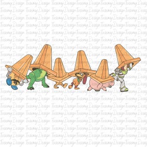 May include: Five toy characters from the Toy Story franchise are wearing orange traffic cones on their heads. The characters are Woody, Buzz Lightyear, Rex, Hamm, and Slinky Dog. The characters are all facing the same direction and are walking in a line.