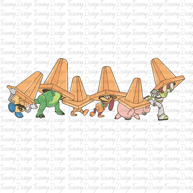 May include: Five toy characters from the Toy Story franchise are wearing orange traffic cones on their heads. The characters are Woody, Buzz Lightyear, Rex, Hamm, and Slinky Dog. The characters are all facing the same direction and are walking in a line.