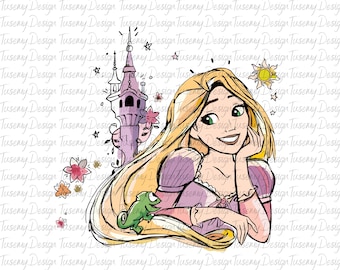 May include: A cartoon illustration of Rapunzel, a long-haired princess, with a purple dress and a green chameleon on her hair. She is smiling and looking to the side. A pink and purple castle is in the background.