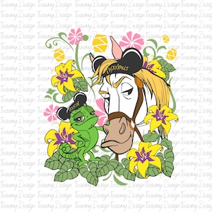 May include: A whimsical illustration featuring a white horse named Maximus, a green chameleon named Pascal, and vibrant yellow and purple flowers. The horse wears a black hat with the name "Maximus". The chameleon wears a black hat with the name "Pascal".