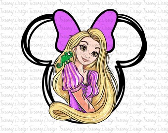 May include: A digital illustration of a princess with long blonde hair, wearing a purple dress, and a green chameleon on her shoulder. The princess is framed by a black outline of a mouse head with a purple bow.