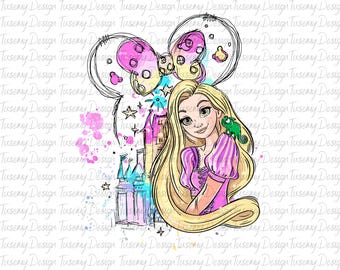 May include: Illustration of a princess with long blonde hair, a green chameleon, and a castle. The design includes a pink bow with polka dots and a watercolor effect. The background has the text "Tuseny Design".