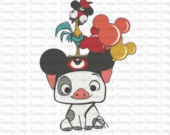 May include: A digital illustration featuring a cartoon pig character with a black hat and large ears. A rooster and balloons are on top of the hat. The pig has a smiling expression and is sitting down. The image has a white background.