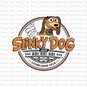 May include: A cartoon illustration of Slinky Dog from the Toy Story franchise. The image features Slinky Dog with a springy tail, a brown collar, and a happy expression. The text "SLINKY DOG" is written in a bold, orange font with a white outline. The text "DASH GO! GO! GO!" is written in a smaller font below the main text. The text "ESTABLISHED 2018" is written in a smaller font below the smaller text.