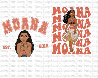 May include: A digital design featuring the name "Moana" in a variety of styles. The name is written in a bold, collegiate font with the words "Est." and "2016" on either side. The name is also written in a retro, 70s style font in a bright orange color. A cartoon image of Moana from the Disney movie is featured in the design.