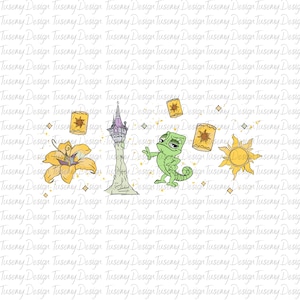 May include: A digital illustration featuring elements from a fairy tale. It includes a tower, a chameleon, floating lanterns, a yellow flower, and a sun. The background is a repeating pattern of the text "Tusemy Design".