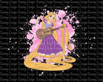 May include: A cartoon illustration of a woman with long blonde hair playing a brown guitar. She wears a purple dress and stands in front of pink paint splatters on a black background. The image has the text "Tuseny Design" repeated.