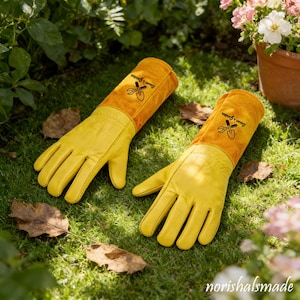 May include: A pair of yellow and orange gardening gloves with the text "Susan's Garden" and a shovel and shears logo. The gloves are made of leather and suede, and are lying on green grass.