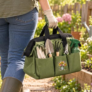 Può includere: Una borsa per attrezzi da giardinaggio in tela verde oliva con manici neri e tasche esterne multiple. La borsa contiene un paio di guanti beige, una paletta da giardinaggio in metallo, un rastrellino in metallo, cesoie e uno spruzzino in plastica.