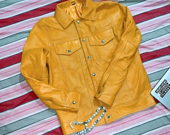 Men’s Golden Leather Jacket – Handmade Casual Streetwear Coat – Bright Vintage Style Outerwear Gift