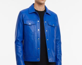 Men’s Blue Leather Jacket – Handmade Casual Streetwear Coat – Bright Vintage Style Outerwear Gift