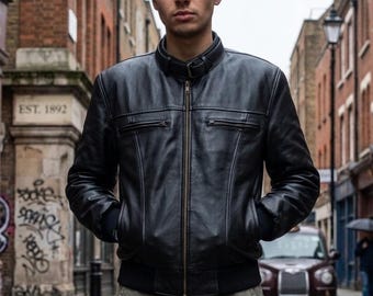 Men's Handmade Italian Style Cafe Racer Geniune Cowhide Black Leather Bomber Moto Jacket
