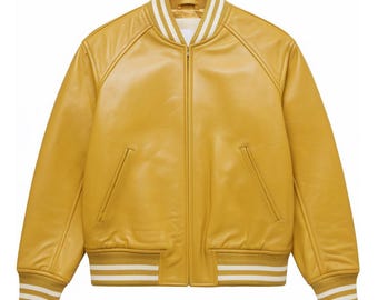 Vintage 90s Yellow Genuine Leather Pilot Style Bomber Jacket - Sheepskin & Cowhide