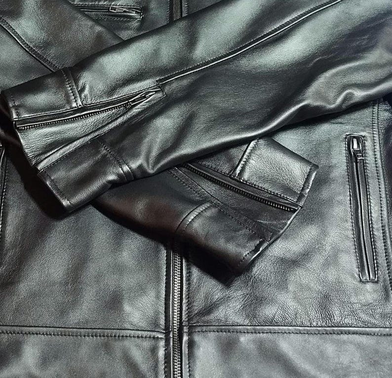 Handgjord svart äkta fårskinnsjacka i bikerstil för kvinnor bild 5