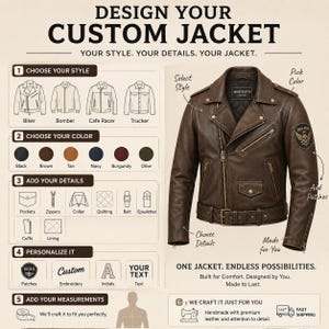 May include: A brown leather biker jacket with a belt, metal zips, and a quilted lining. The image includes a guide for customising a jacket with options for style, colour, details, and personalisation, featuring text like DESIGN YOUR CUSTOM JACKET.