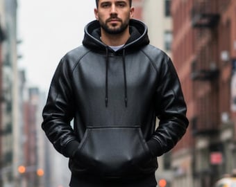 Handmade Black Leather Hoodie Jacket – Lambskin & Cowhide Pullover