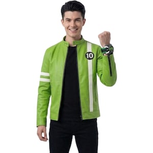 May include: A bright green jacket with white stripes on the sleeves and a white stripe down the front. The jacket has a black collar and a patch with the number 10. A black watch with green accents is on the wrist.
