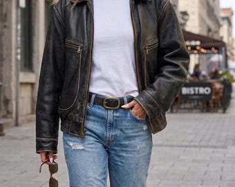 Handgjord vintage 90-talsstil, äkta, svart, överdimensionerad bomberjacka i fårskinnsläder - Dam Casual Streetwear