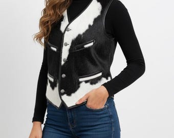 Custom Cowhide Hair-On Vest: Genuine Leather Western Waistcoat