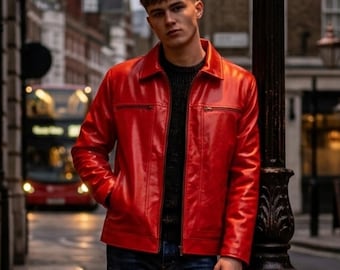 Chaqueta de moto vintage roja estilo Cafe Racer de piel de cordero auténtica: estilo motero retro rojo para hombre.