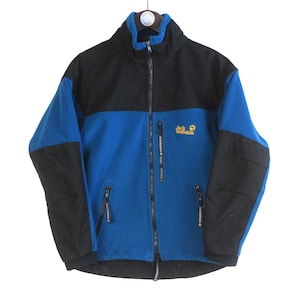 Vintage Jack Wolfskin Fleece Full Zip Storlek Dam S Blå Svart 90-tals Tröja Pullover Vinter Utomhus Skidstil