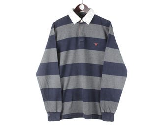 Camiseta de rugby vintage Gant, talla XL, estampado a rayas, estilo casual años 2000, jersey de cuello redondo, estilo retro, manga larga, polo.