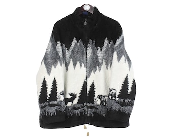 Vintage Animal Pattern Fleece Full Zip Size M Gray Nature Print 90s Sweater Pullover Jumper Winter Outdoor Ski Style