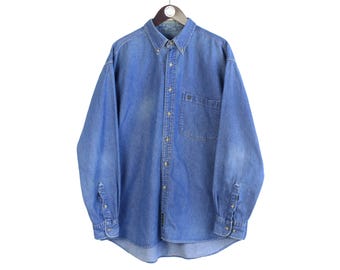 Vintage Timberland Jeanshemd Größe XL Blau 90s Casual Style Top Kragen Button-Up Jeans Bluse