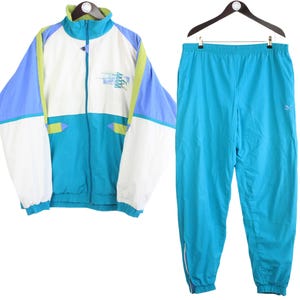 Vintage Puma Tracksuit Size XL White Blue 90s Retro Sport Style Track Suit Jacket and Pants Jumpsuit