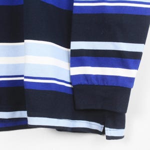 May include: Close-up of a long-sleeved shirt with horizontal stripes in navy blue, white, and various shades of blue. The sleeve cuff is visible, and the fabric appears to be a soft knit.