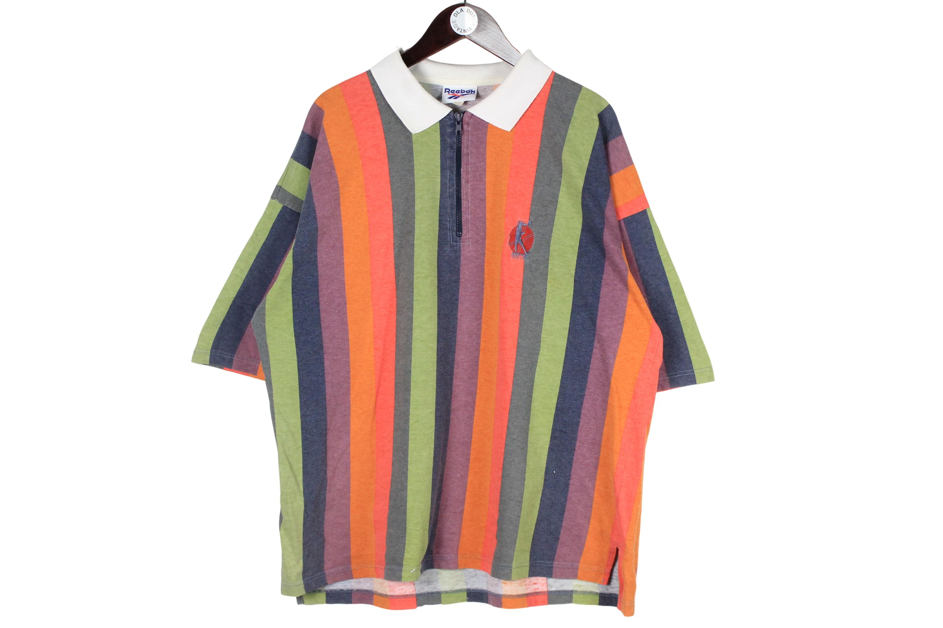 Vintage Reebok Polo T-shirt Size XL Multicolor Striped Pattern 