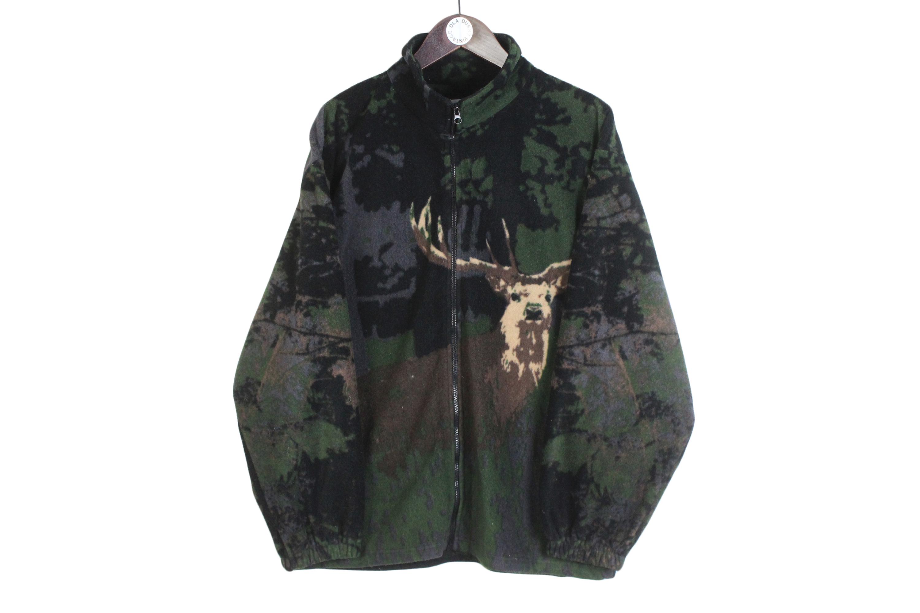 Vintage Deer Fleece Full Zip Size M Green Animal Nature Pattern