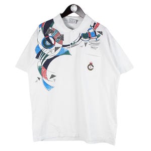 Vintage Hugo Boss Polo T-Shirt Size XL White Tennis Abstract Pattern 90s Top Short Sleeve Casual Style