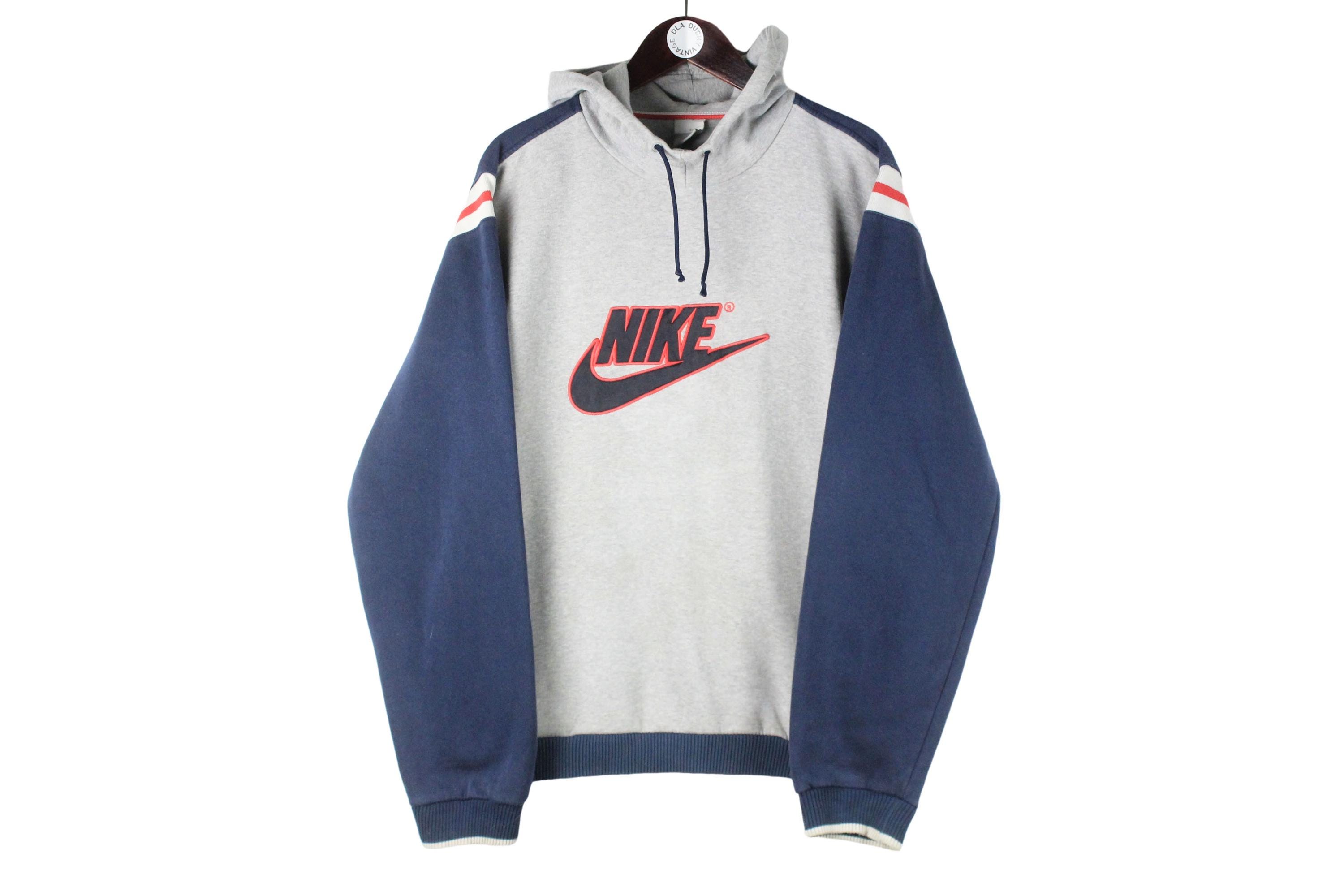 Vintage Nike Hoodie Size L Gray Blue Big Logo 00s Hooded Jumper