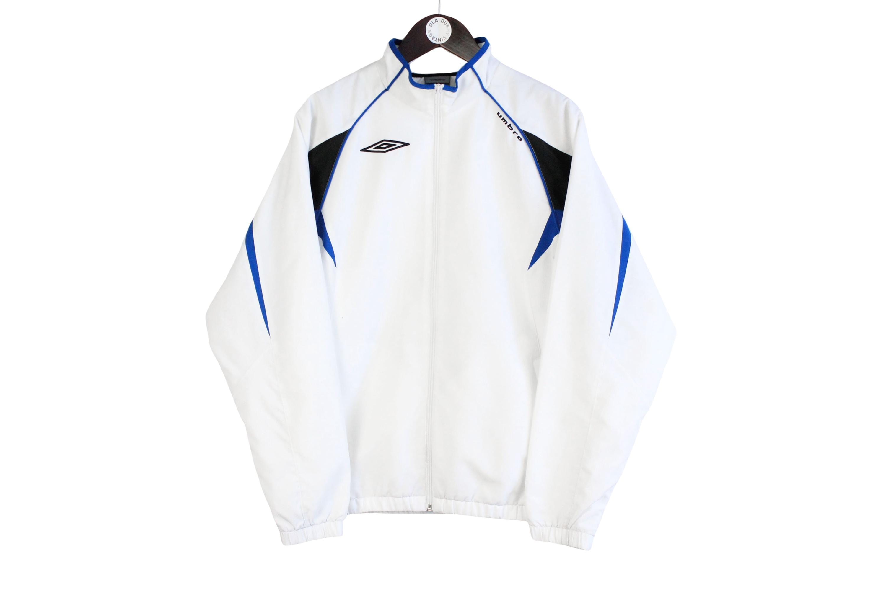 Veste Umbro Vintage Années 2000 - Blanche & Bleue, Taille S, Coupe-vent Légère Style Sportwear