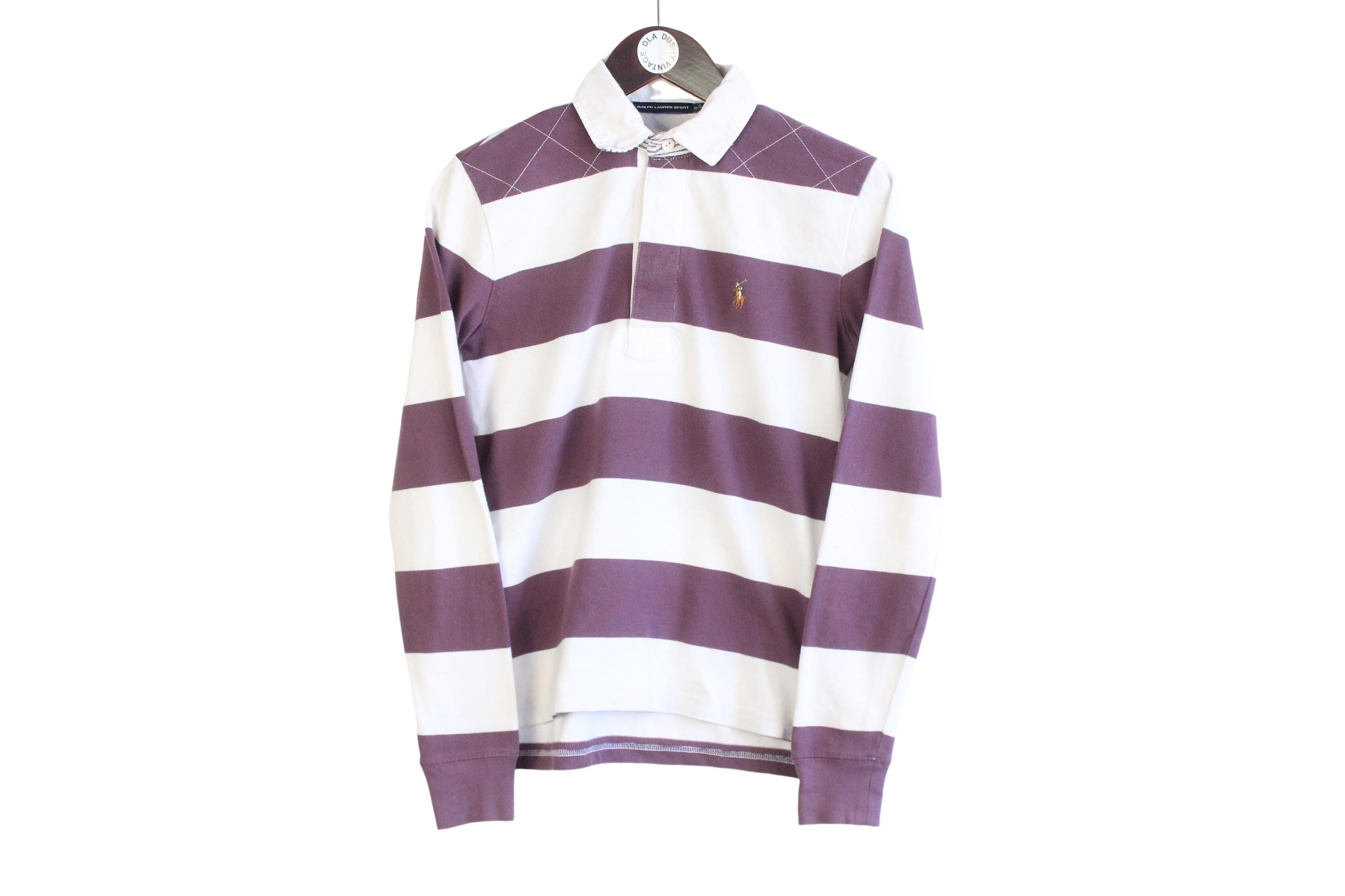 Vintage Ralph Lauren Rugby Shirt Size Women's M White Purple 00s Casual Style Collared Jumper Pullover Retro Wear Long Sleeve Polo T-Shirt