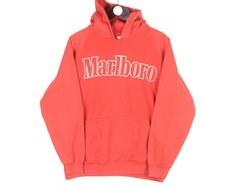 Vintage Marlboro Hoodie Size Women's S Red Cigarettes Collection Big Logo Made in USA 90s Hooded Jumper Pullover Sport Style