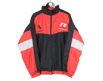 Vintage Ferrari Team Jacket Formula 1 Racing F1 Track Style Big Logo Size M Black Red 90s Sport Style Casual