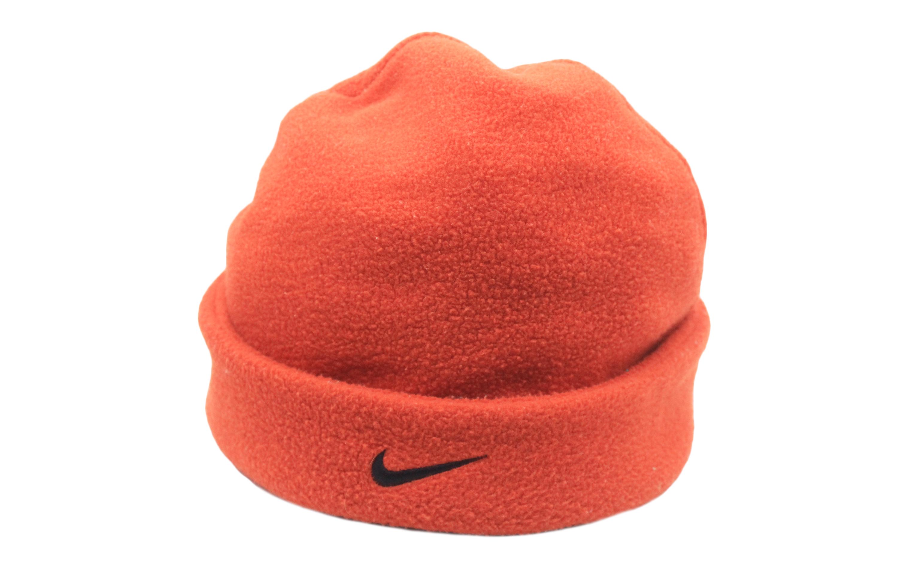 90s NIKE BigSwooshBeanie BURGUNDY×YELLOW Vintage 90s Nike Red Beanie Knit Cap Winter Hat Embroidered
