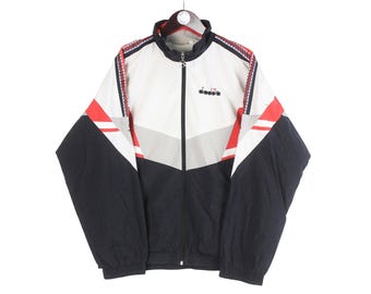 Vintage Diadora Track Jacket Size XL White Black 90s Sport Style Casual Light Wear Jogger