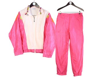 Vintage Sergio Tacchini Trainingsanzug Größe Damen L Pink Abstraktes Muster 90er Jahre Retro Sport Style Trainingsanzug Jacke und Hose Jumpsuit