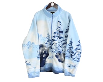 Vintage Bear Fleece Full Zip Size 2XL / 3XL Blue Animal Nature Pattern 90s Sweater Pullover Jumper Winter Outdoor Ski Style